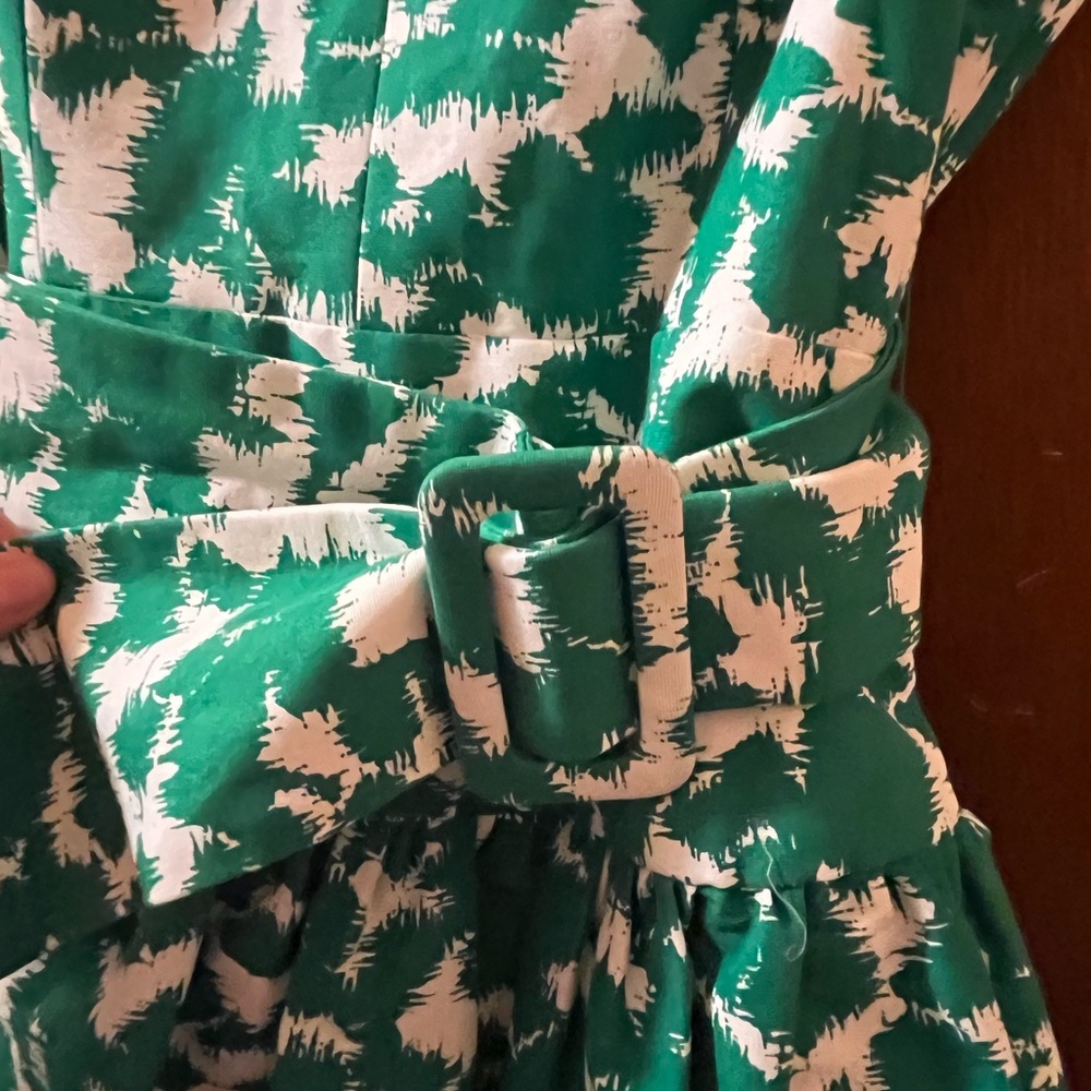 LAST CHANCE | Milly Sarah Dropped Waist Belted Dress in White & Green - Picture 7 of 10